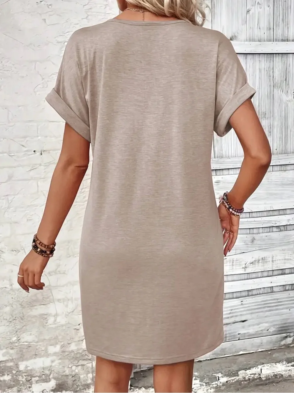 V-Neck Short Sleeve Taupe Shift Dress - Picture 4 of 4